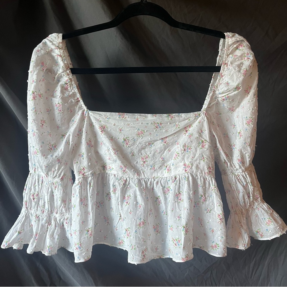 Storia Womens Size S White Floral Babydoll Crop Top Puffy Sleeves
